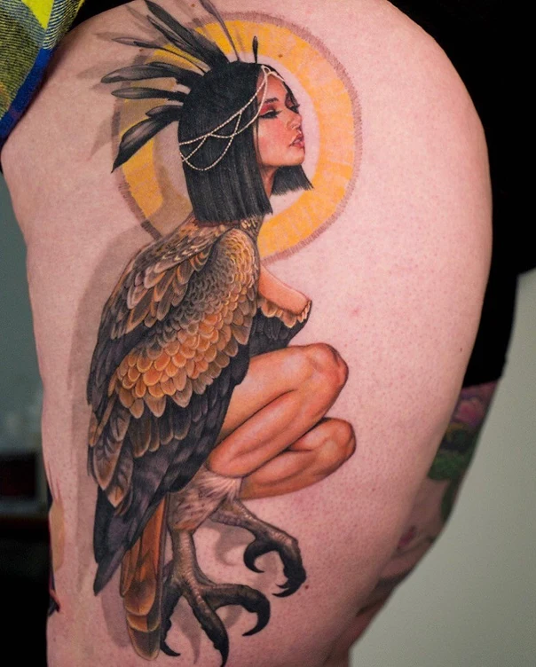 Realism Mythological, Bird tattoo on Thigh