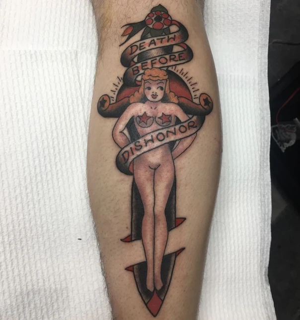 Traditional Pin-up, Dagger tattoo on Calf
