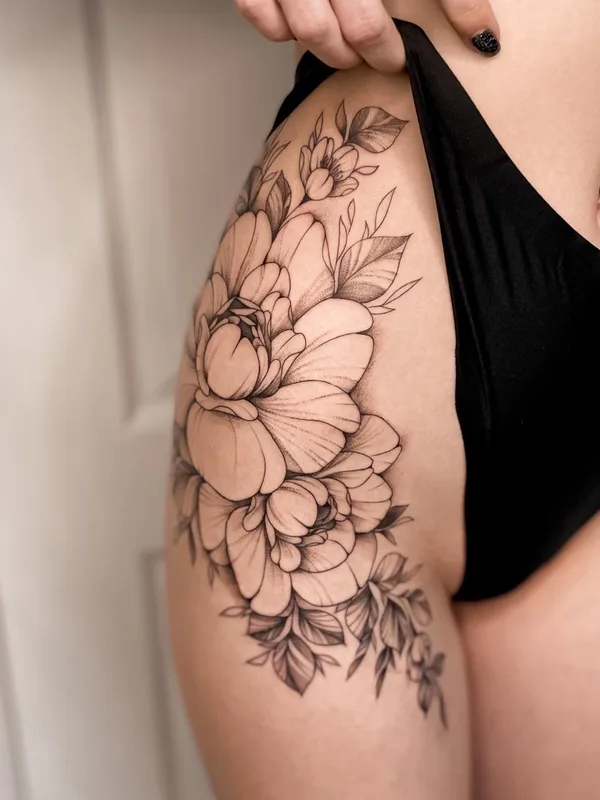 female black and grey botanic татуировка на thigh #52905 | Тату мастер Лера Шибакова
