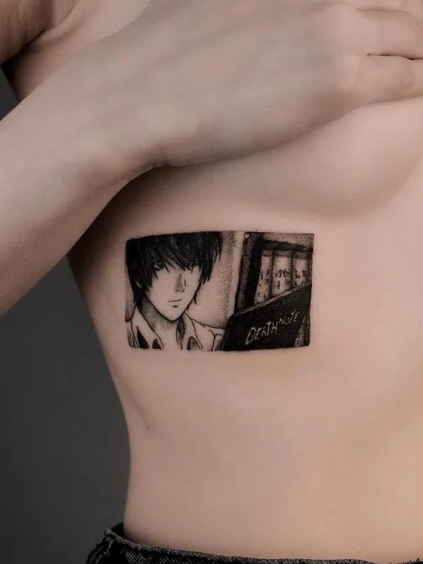 female black and grey anime 纹身 在 ribcage #52934 | 纹身师 Павел Верцебовский