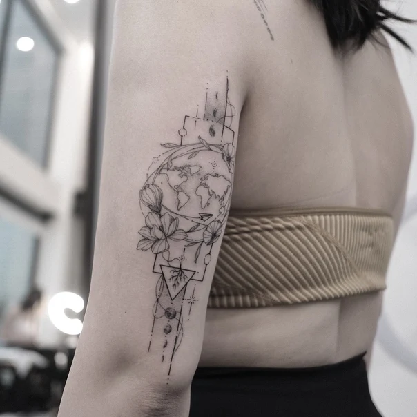 Linework Globe, Flowers tattoo on Forearm