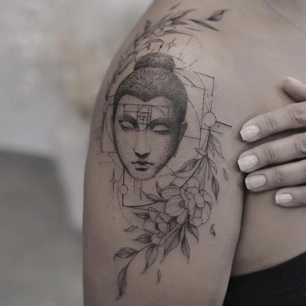 Black & Grey Buddha, Flowers tattoo on Shoulder