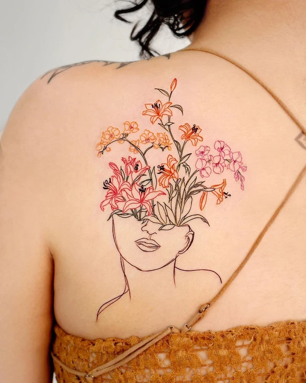 Fineline Flowers, Face tattoo on Shoulder Blade