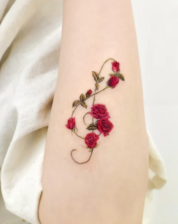 Botanic Rose, Music note tattoo on Forearm