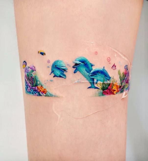 Watercolor Dolphin, Ocean tattoo on Thigh