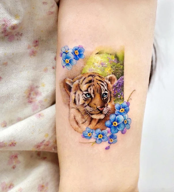 Realism Tiger, Flowers tattoo on Forearm