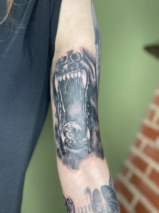 Black & Grey Bear, Child tattoo on Forearm