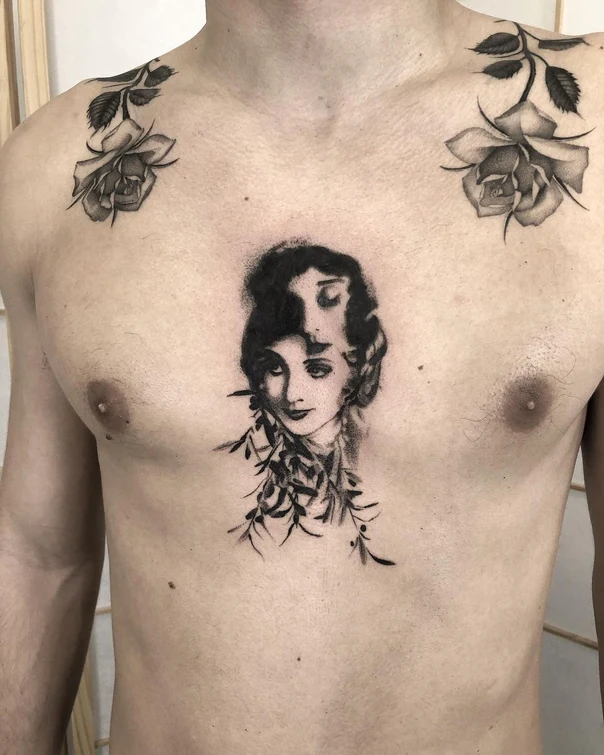 Black & Grey Portrait, Rose tattoo on Chest