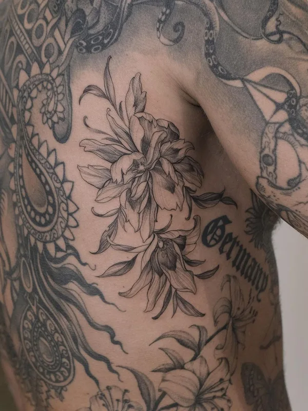 black and grey botanic 纹身 在 ribcage #53296 | 纹身师 Роман Итчев