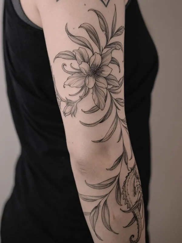 female black and grey fineline 纹身 在 forearm #53290 | 纹身师 Роман Итчев