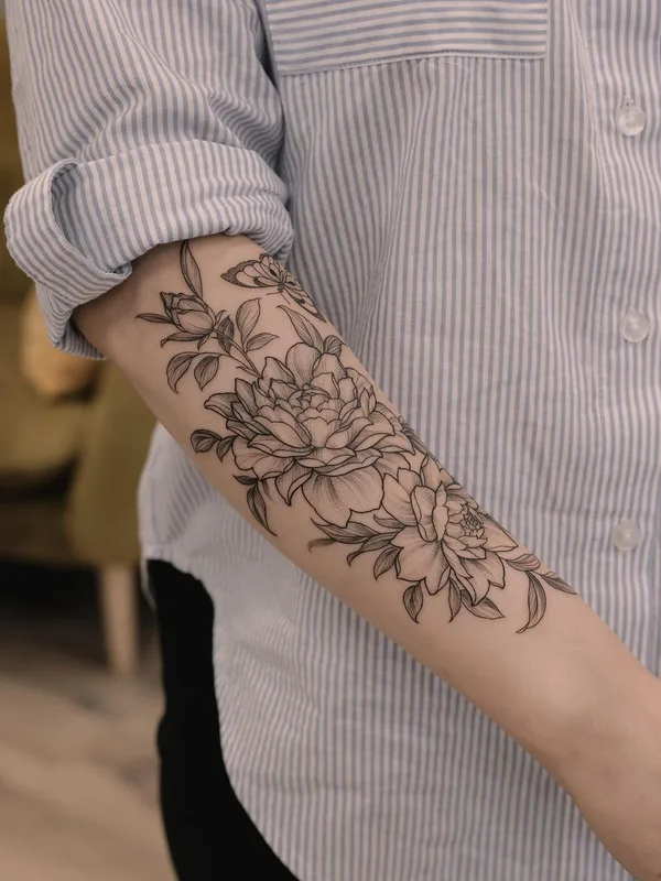 female black and grey linework 纹身 在 forearm #53295 | 纹身师 Роман Итчев