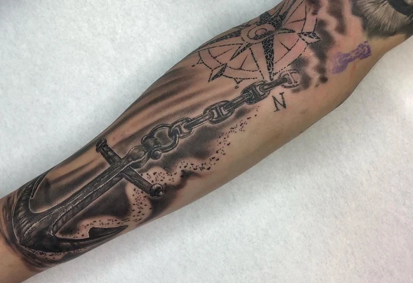 Black & Grey Anchor, Compass tattoo on Forearm