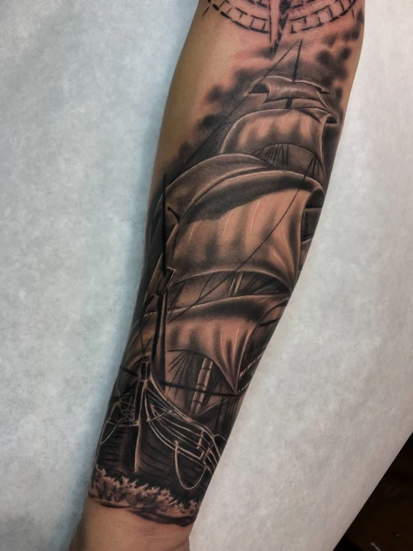 Black & Grey Ship, Compass tattoo on Forearm