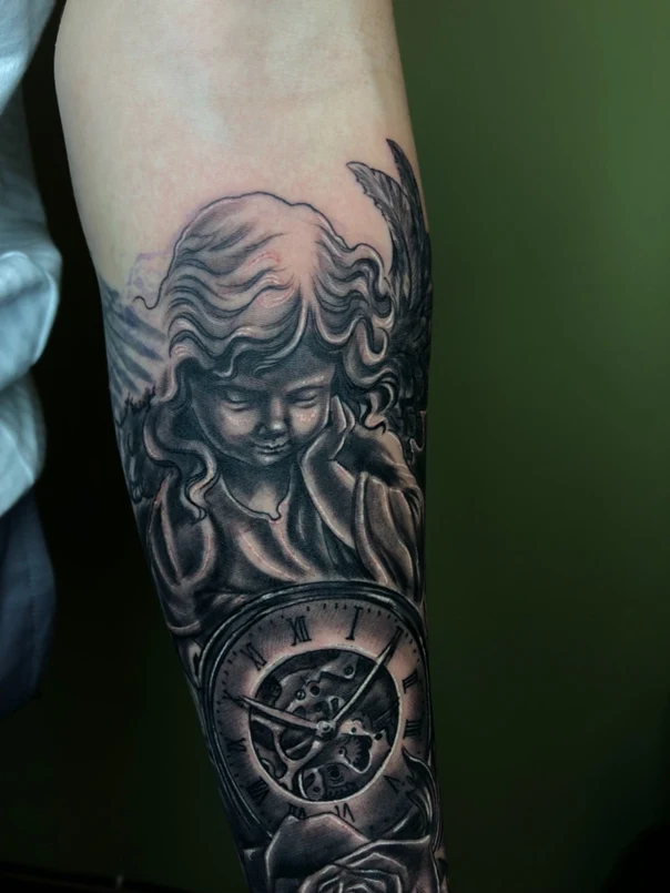 Realism Angel, Clock tattoo on Forearm