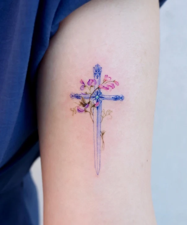 Fineline Sword, Cross tattoo on Upper Arm