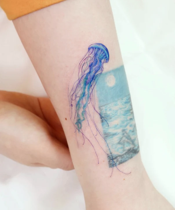 Watercolor Jellyfish, Ocean tattoo on Forearm
