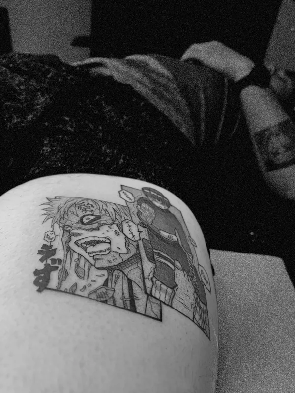 black and grey anime tattoo on thigh #53381 | Tattoo Artist Cazr Killz