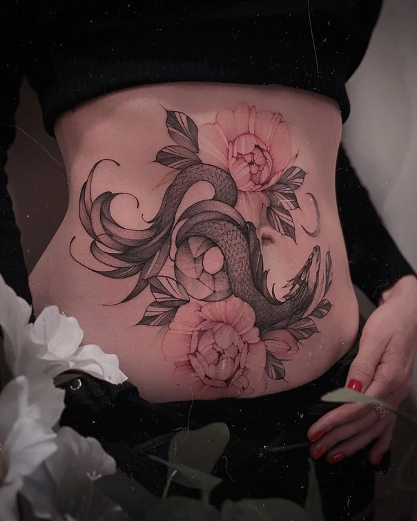 Иллюстративная Snake, Flower tattoo на Живот