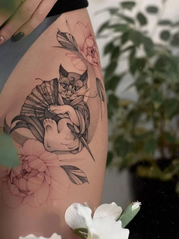 female black and grey japanese tattoo on thigh #53390 | Tattoo Artist Варвара Романчук
