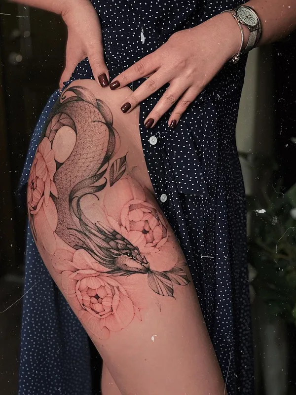 female black and grey illustrative tattoo on thigh #53397 | Tattoo Artist Варвара Романчук