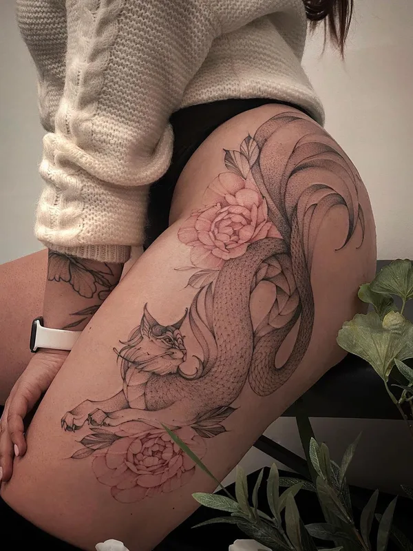 female color illustrative tattoo on thigh #53399 | Tattoo Artist Варвара Романчук