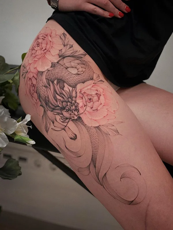 female color illustrative tattoo on thigh #53392 | Tattoo Artist Варвара Романчук