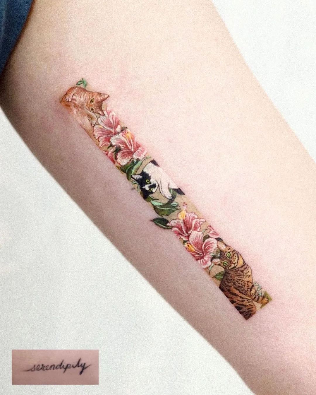 A colorful tattoo on the forearm featuring cats and flowers arranged in a rectangular composition.
