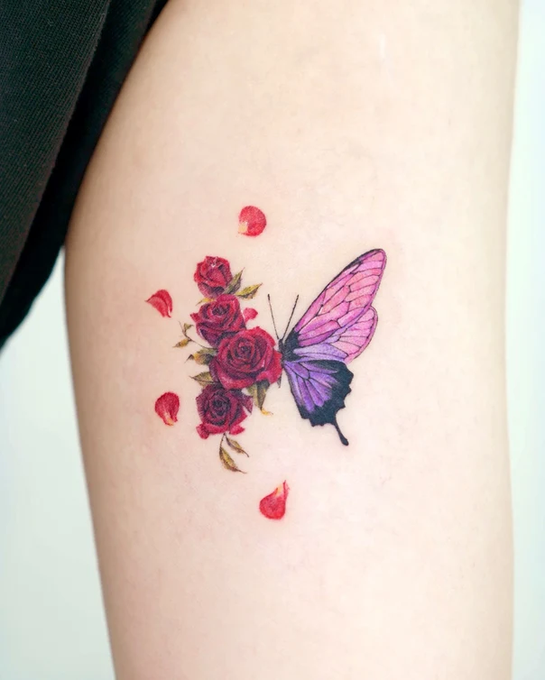 Illustrative Butterfly, Roses tattoo on Thigh