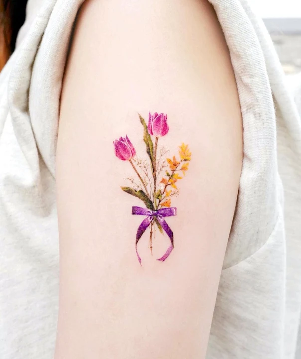 Watercolor Flowers, Ribbon tattoo on Upper Arm