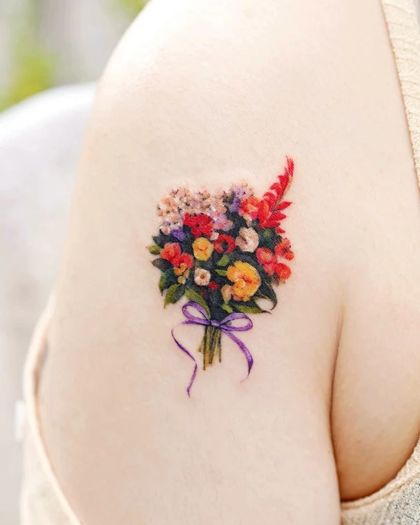 Illustrative Flowers, Bouquet tattoo on Shoulder Blade