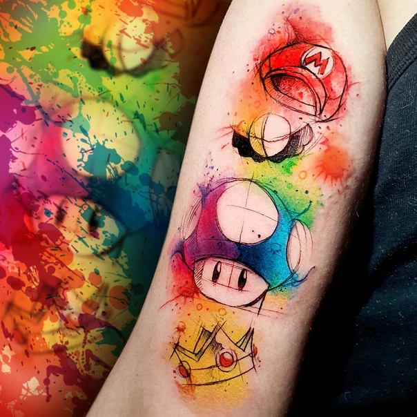 Watercolor Mario, Mushroom tattoo on Forearm