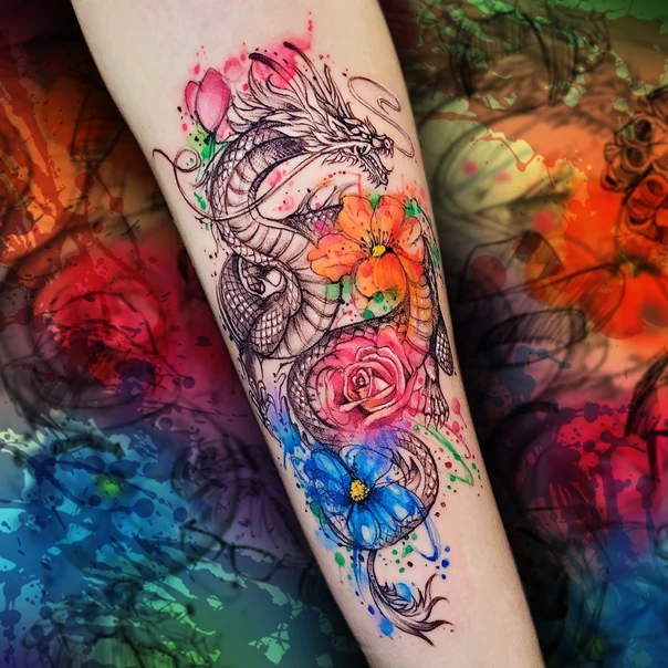 Watercolor Dragon, Flowers tattoo on Forearm