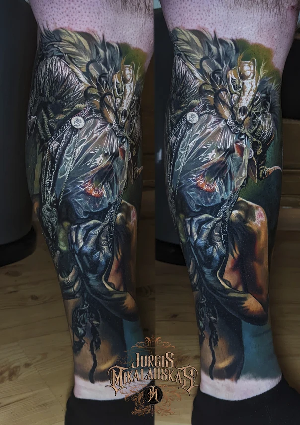 Realism Skull, Figure tattoo on Calf