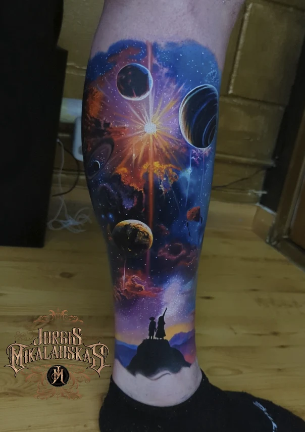 Realism Planets, Galaxy tattoo on Calf