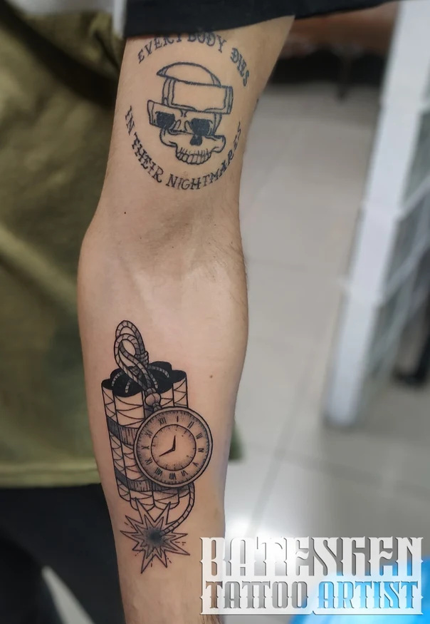 Blackwork Skull, Dynamite tattoo on Forearm