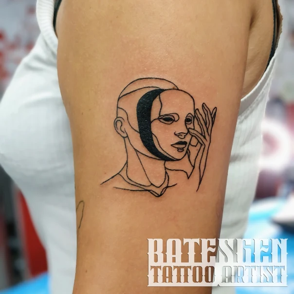 Linework Face, Mask tattoo on Upper Arm