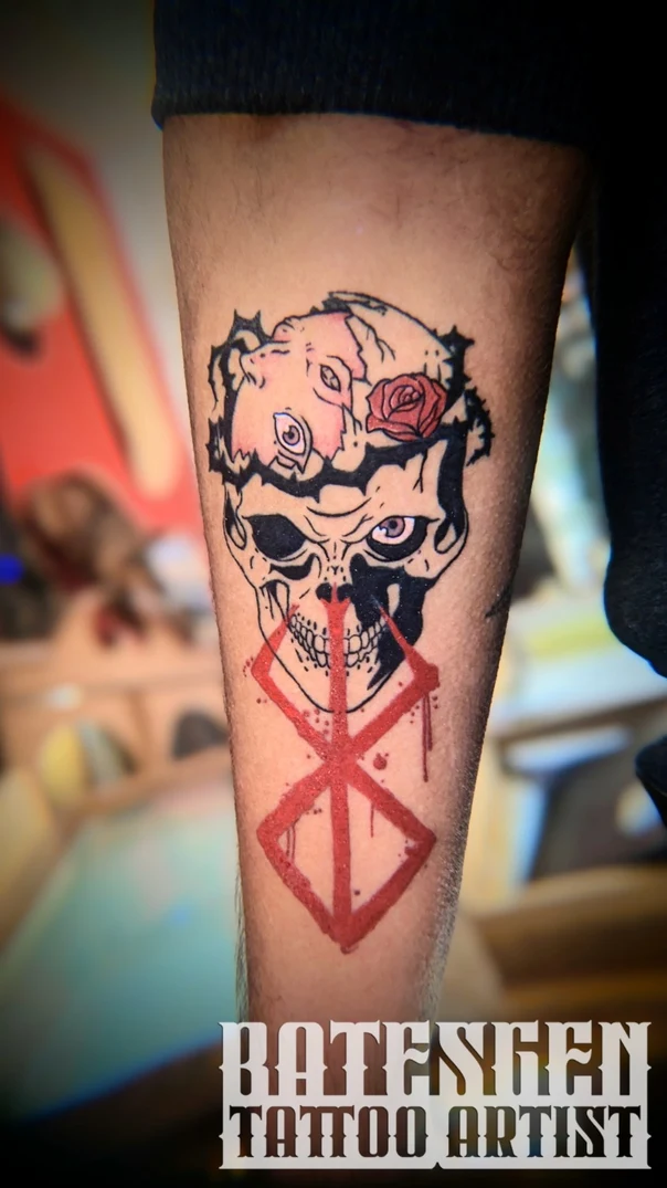 Illustrative Skull, Rose tattoo on Forearm