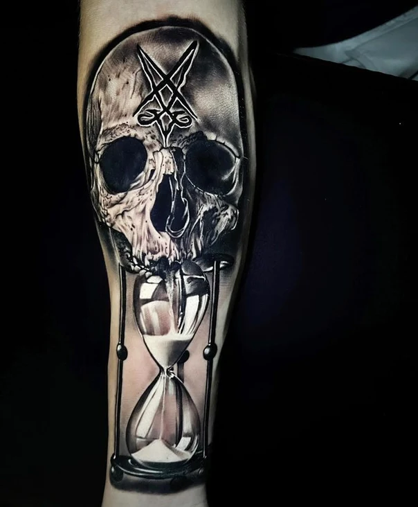 Realism Skull, Hourglass tattoo on Forearm
