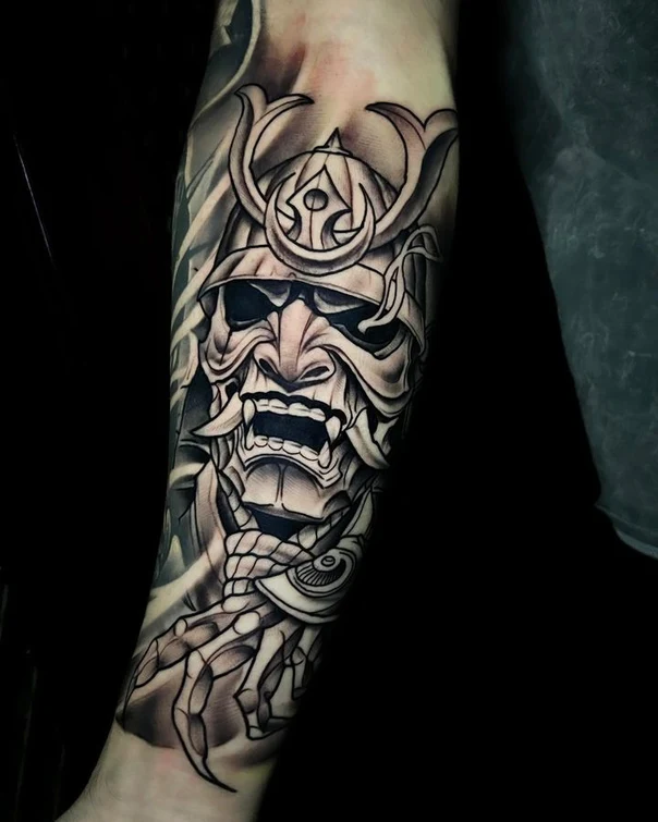 Japanese Samurai, Mask tattoo on Forearm