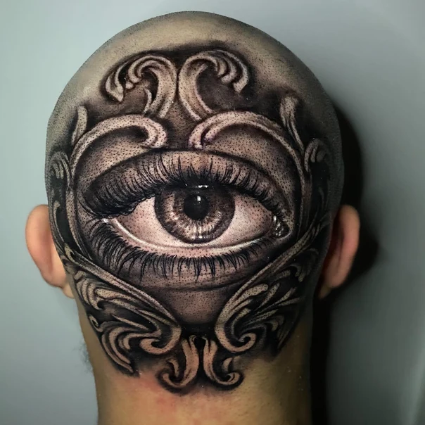 Black & Grey Eye, Ornamental tattoo on Back of Neck