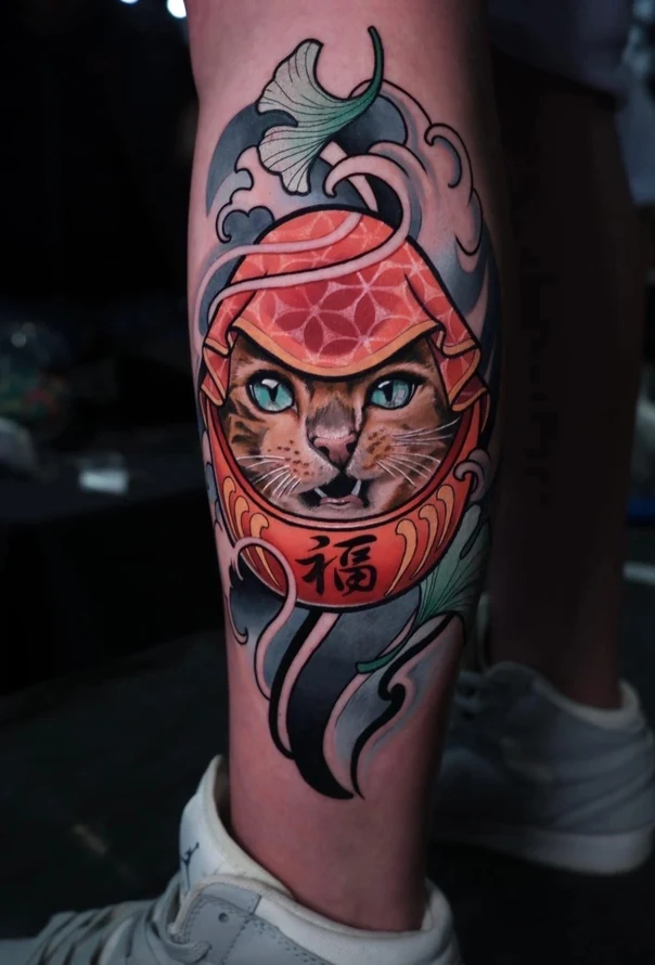 Japanese Cat, Daruma tattoo on Calf