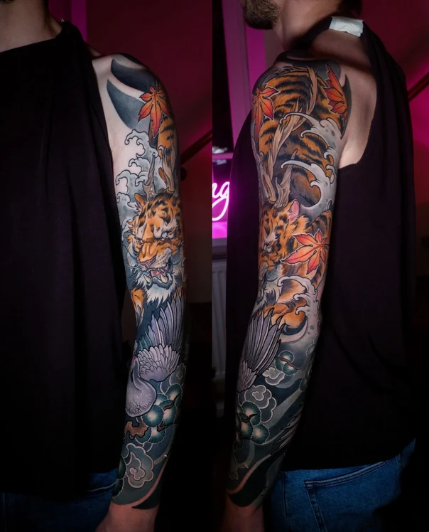 Japanese Tiger, Crane tattoo on Full Sleeve
