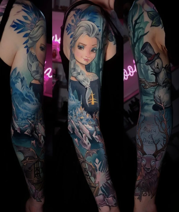 Illustrative Character, Landscape tattoo on Full Sleeve