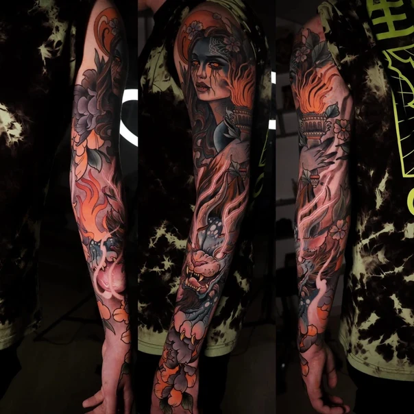 Neo Traditional Dragon, Flowers tattoo on Full Sleeve