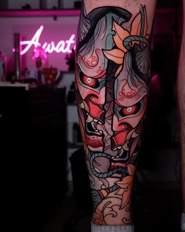 Japanese Mask, Flower tattoo on Calf
