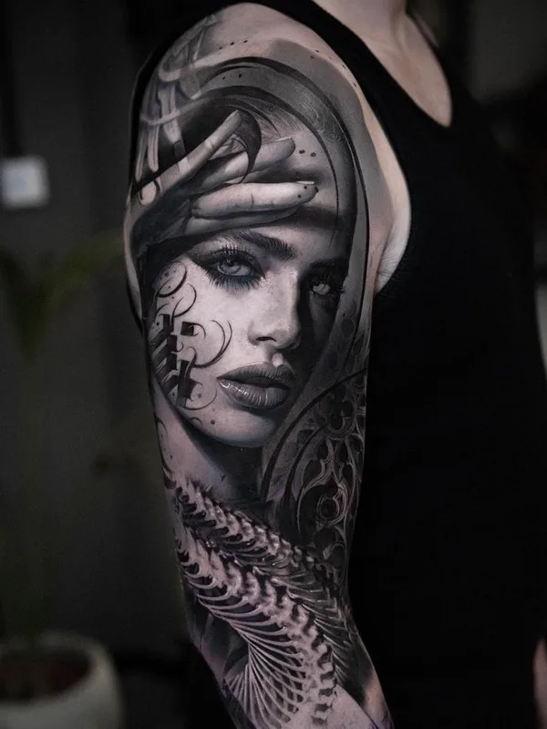 black and grey realism tattoo auf full sleeve #65086 | Tätowierer Stevo Tattoo