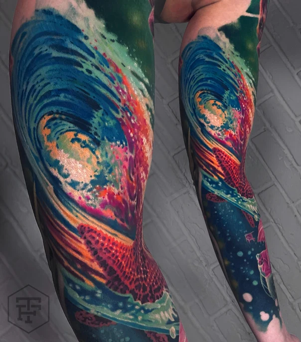 Акварель Wave, Fish tattoo на Полный рукав