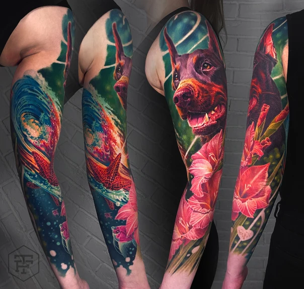 Реализм Dog, Flowers tattoo на Полный рукав