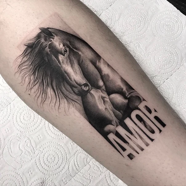 Realism Horse, Lettering tattoo on Forearm