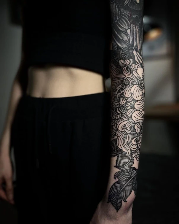 Blackwork Floral, Feather tattoo on Full Sleeve
